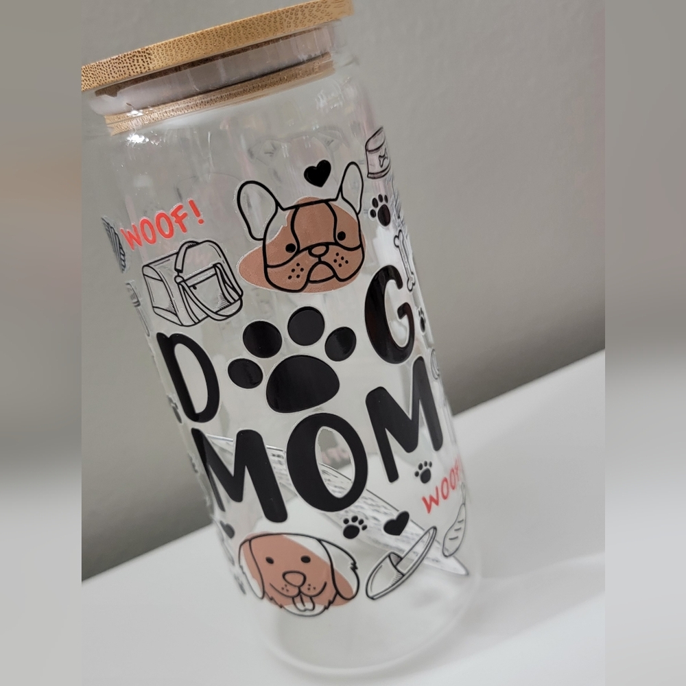 Dog Mom NEW 16oz Glass Can Cup w straw